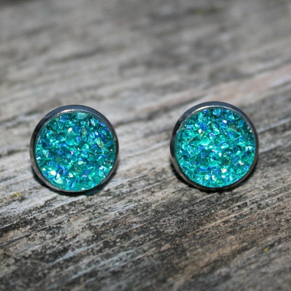 Mermaid Teal Druzy Geode stud earrings